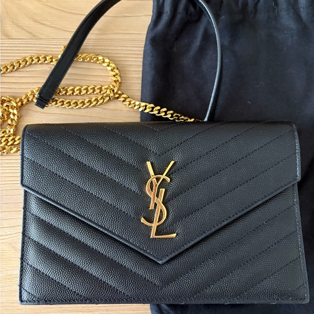 YSL Cassandra Small Envelope Chain Wallet in Grain de Poudre Leather
